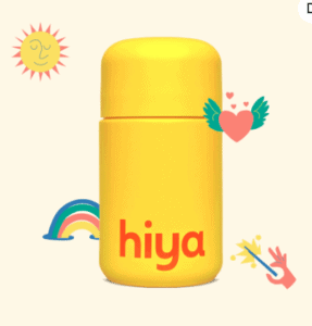 A yellow bottle of hiya kid's daily multivitamin with rainbows and hearts.