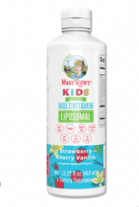 A white bottle of Mary Ruth's kids multi vitamin liposomal.