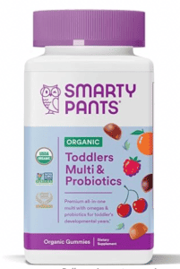A side shot of a purple bottle of Smarty Pant's toddler's multi and probiotics on a white background.