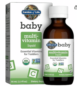 A bottle of garden of life for baby next to a bottle of the liquid multivitamin.