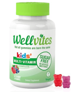 A bottle of wellvites on a white background next to 2 gummies.