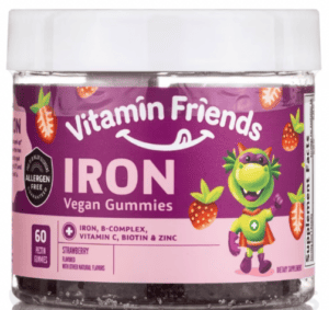 A container of Vitamin friends iron vegan gummies on a white background.