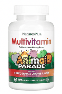 A bottle of Natures Plus animal parade multivitamin on a white background.