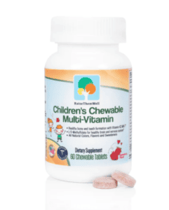 A side shot of a white bottle of RaiseThemWell's children's chewable multi-vitamin.
