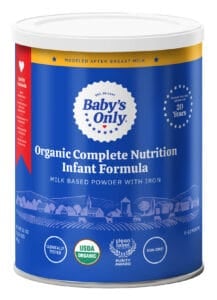 Can of Baby's Only infant formula with iron.