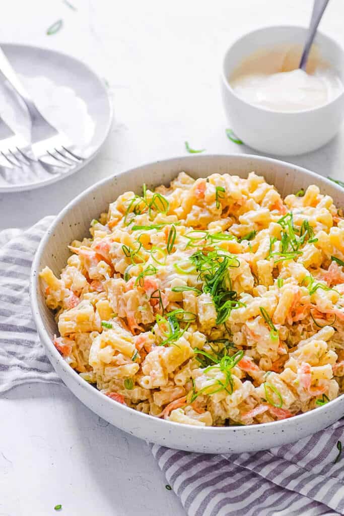 hawaiian mac salad in a white bowl