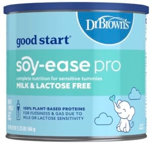 Can of Dr. Brown's Good Start Soy Formula (formerly Gerber) on a white background.