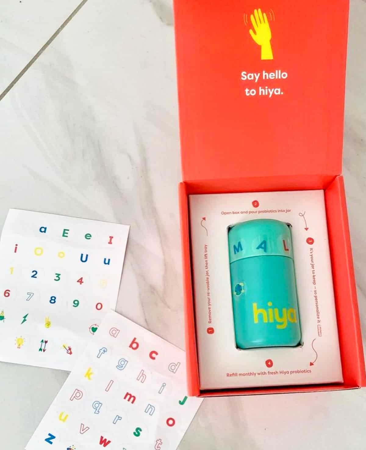 Bottle of Hiya probiotics decorated in a box.