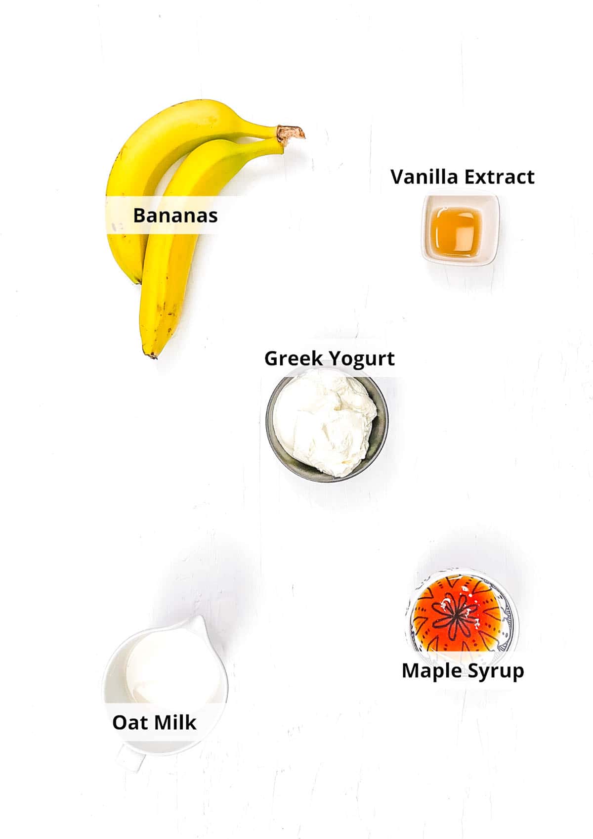 Ingredients for banana popsicles recipe on a white background.