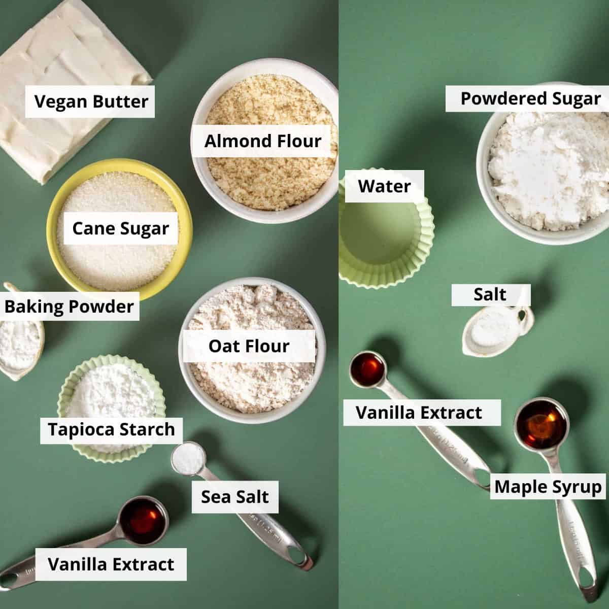 Top view of containers and spoons with ingredients to make vegan gluten free sugar cookies and powdered sugar icing.