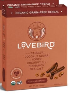 Box of Lovebird cinnamon cereal.