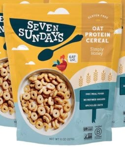 Packages of Seven Sundays Oat Protein Cereal, Simply Honey flavor.