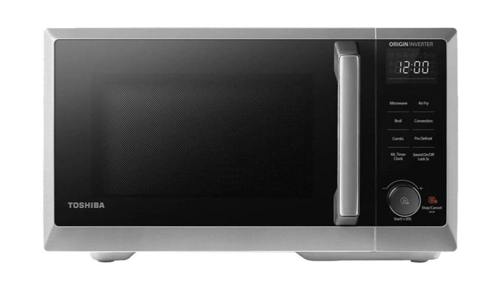 A shot of a Toshiba 6-in-1 microwave oven with air fryer on a white background.