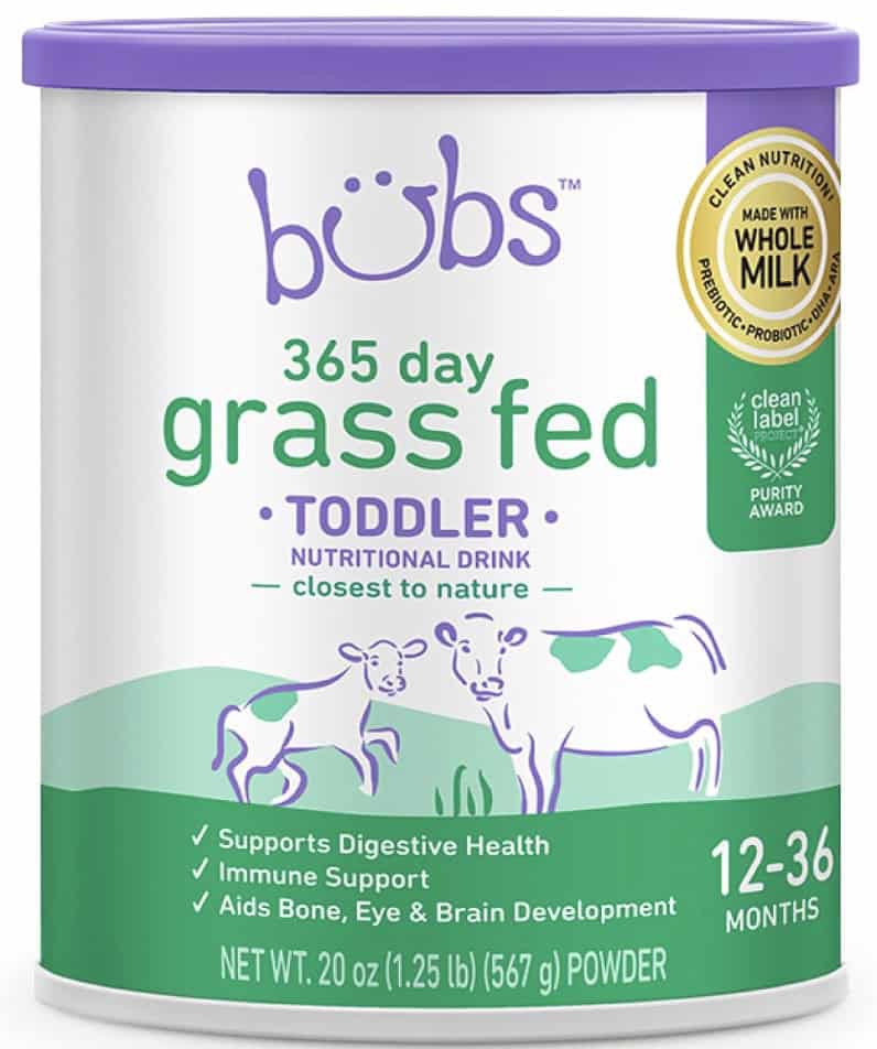 Can of Bubs Grass Fed Toddler formula on a white background