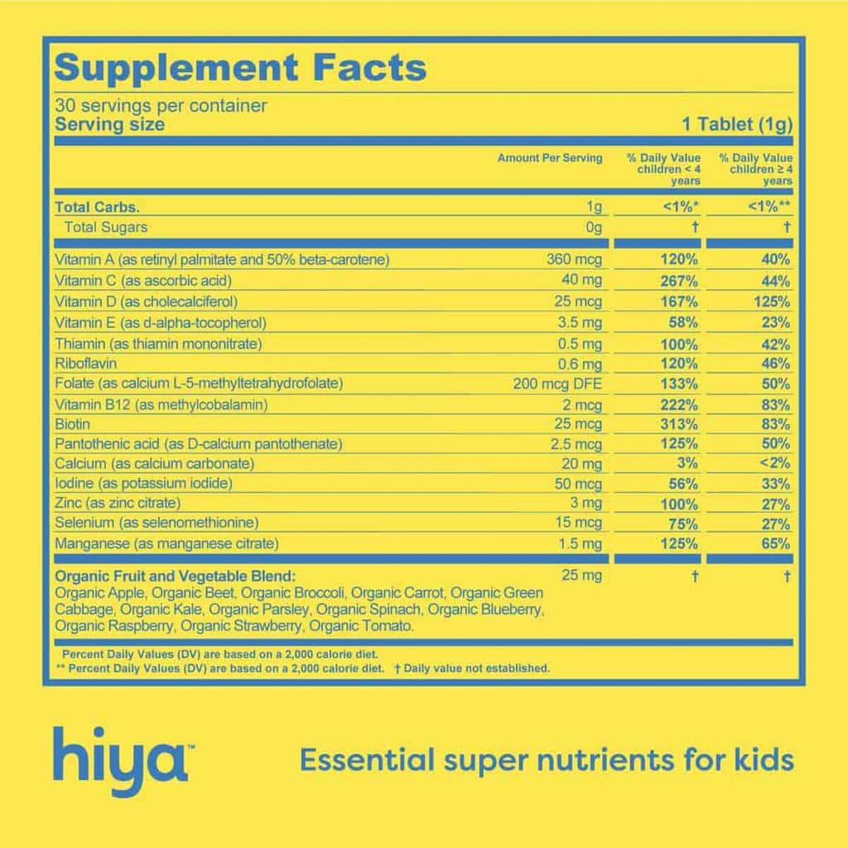 The nutritional info label for Hiya vitamins.