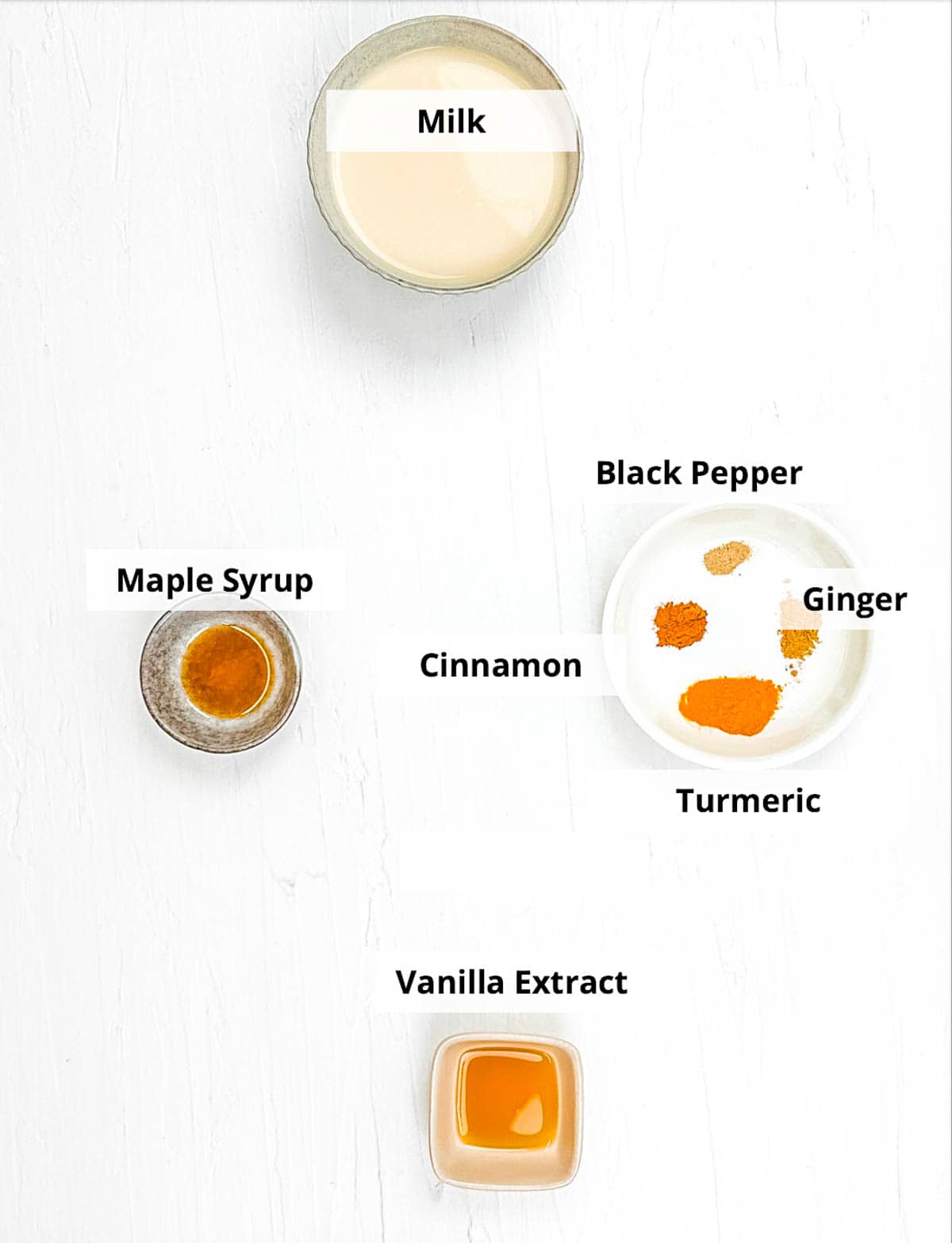 Ingredients for golden milk latte recipe on a white background.