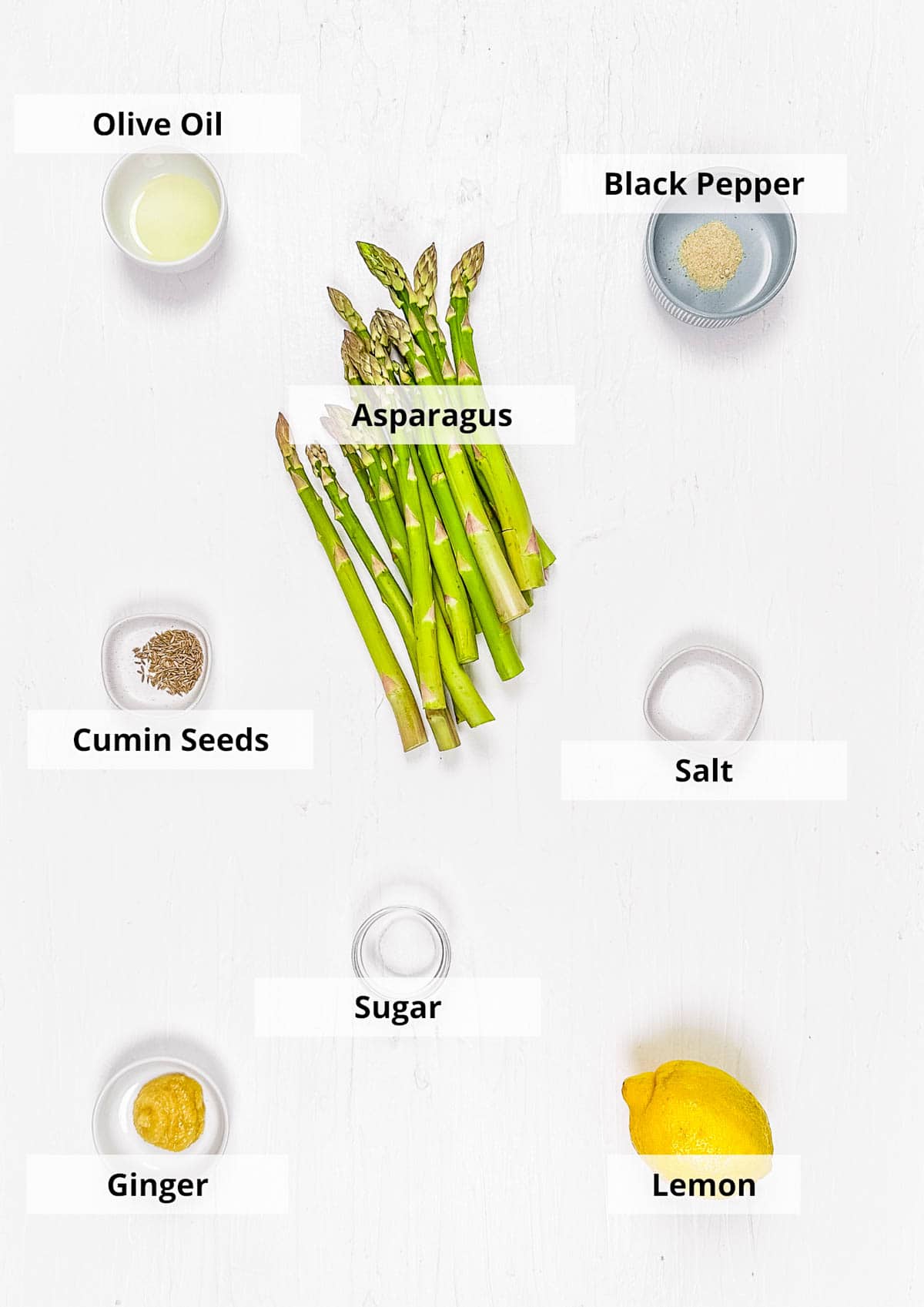 Ingredients for Indian asparagus stir fry on a white background.