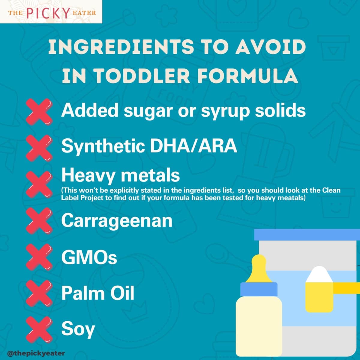 Infographic of the ingredients to avoid in toddler formula.