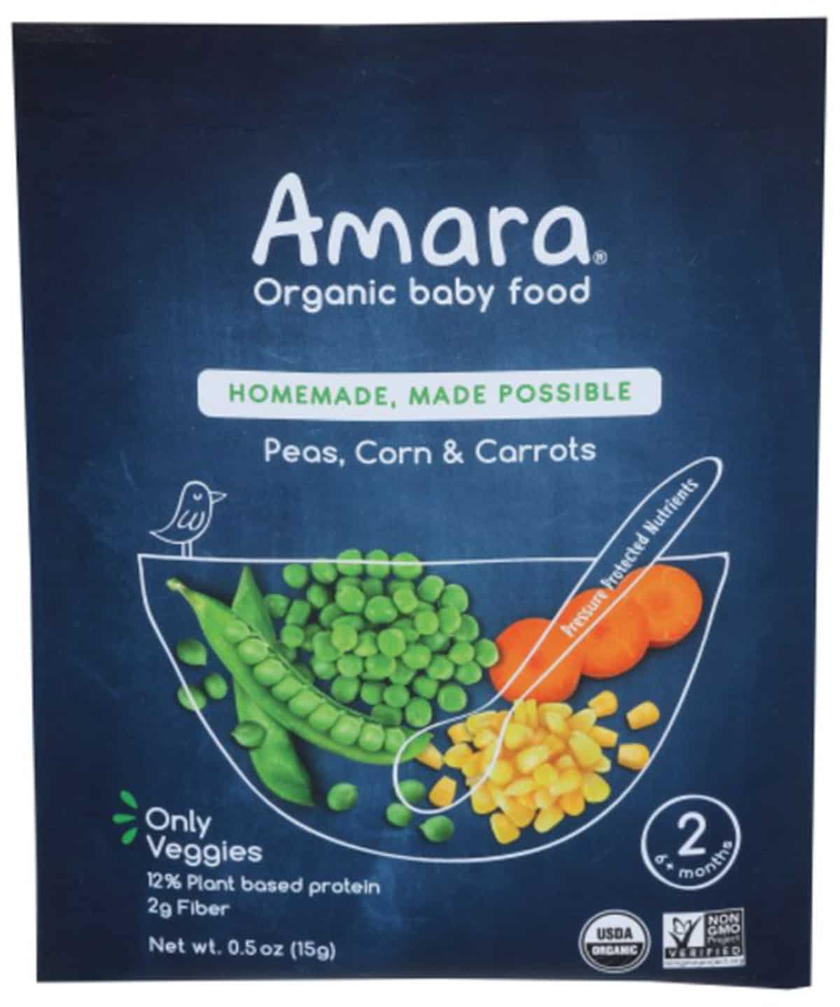 Photo of a pouch of Amara organic baby food -- peas corn and carrots mash.