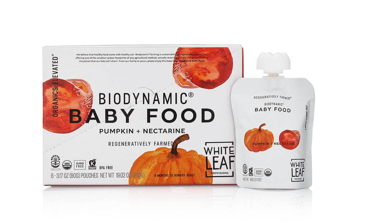 A box of White Leaf Provisions Biodynamic ،nd baby food.