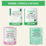 Collage of Bobbie formula cans on a pale yellow background.