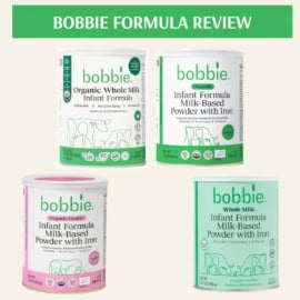 Collage of Bobbie formula cans on a pale yellow background.