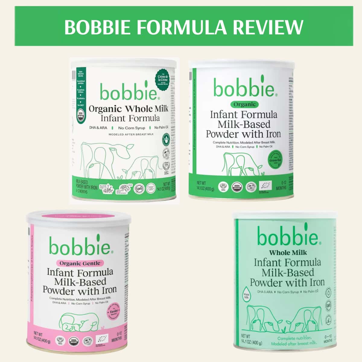 Collage of Bobbie formula cans on a pale yellow background.