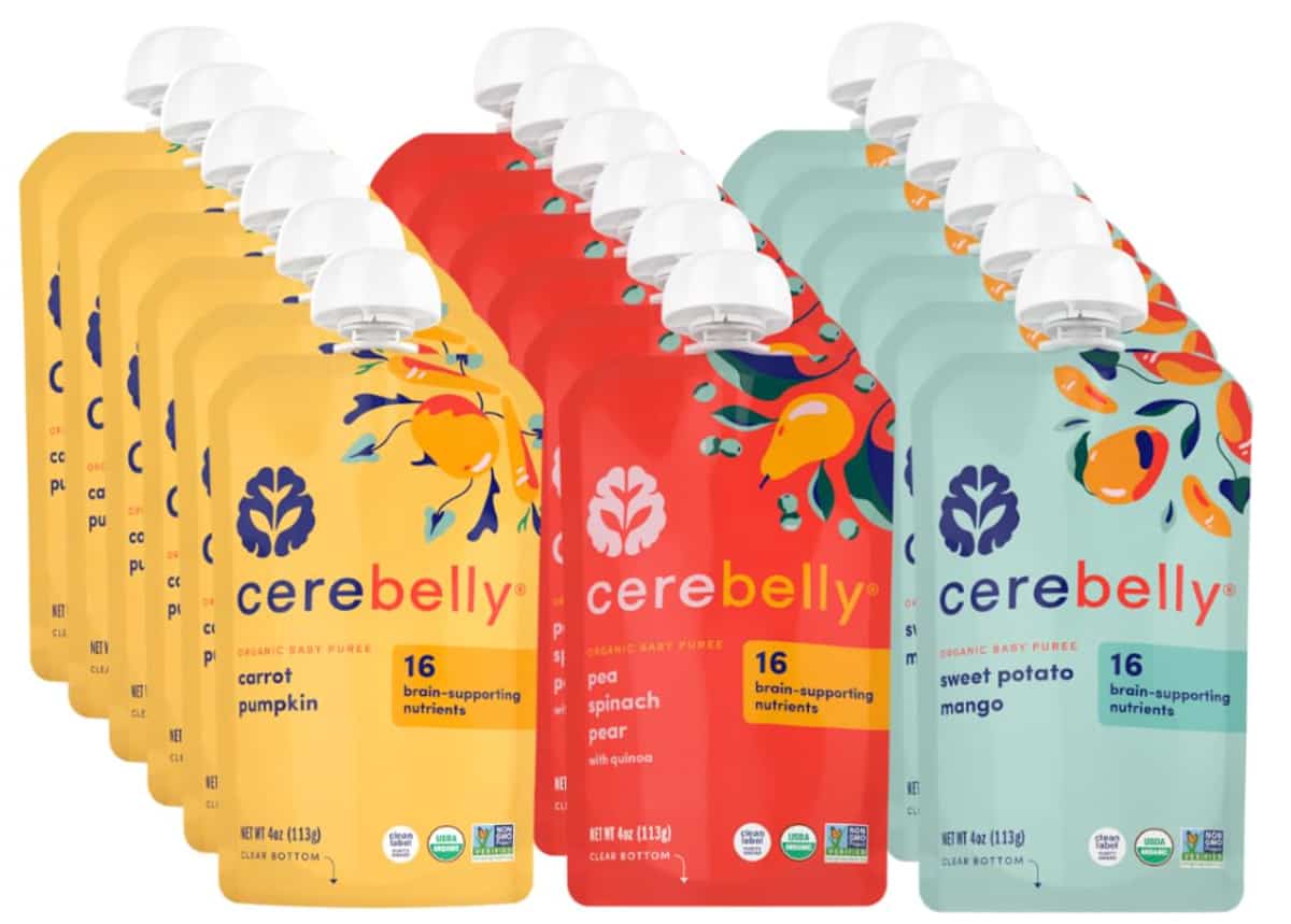 Cerebelly baby food pouches on a white background.
