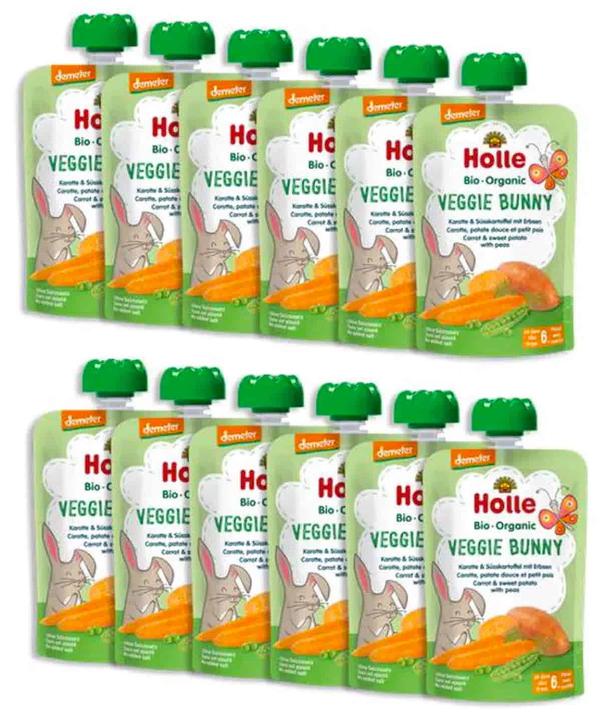 Holle baby food pouches on a white background.