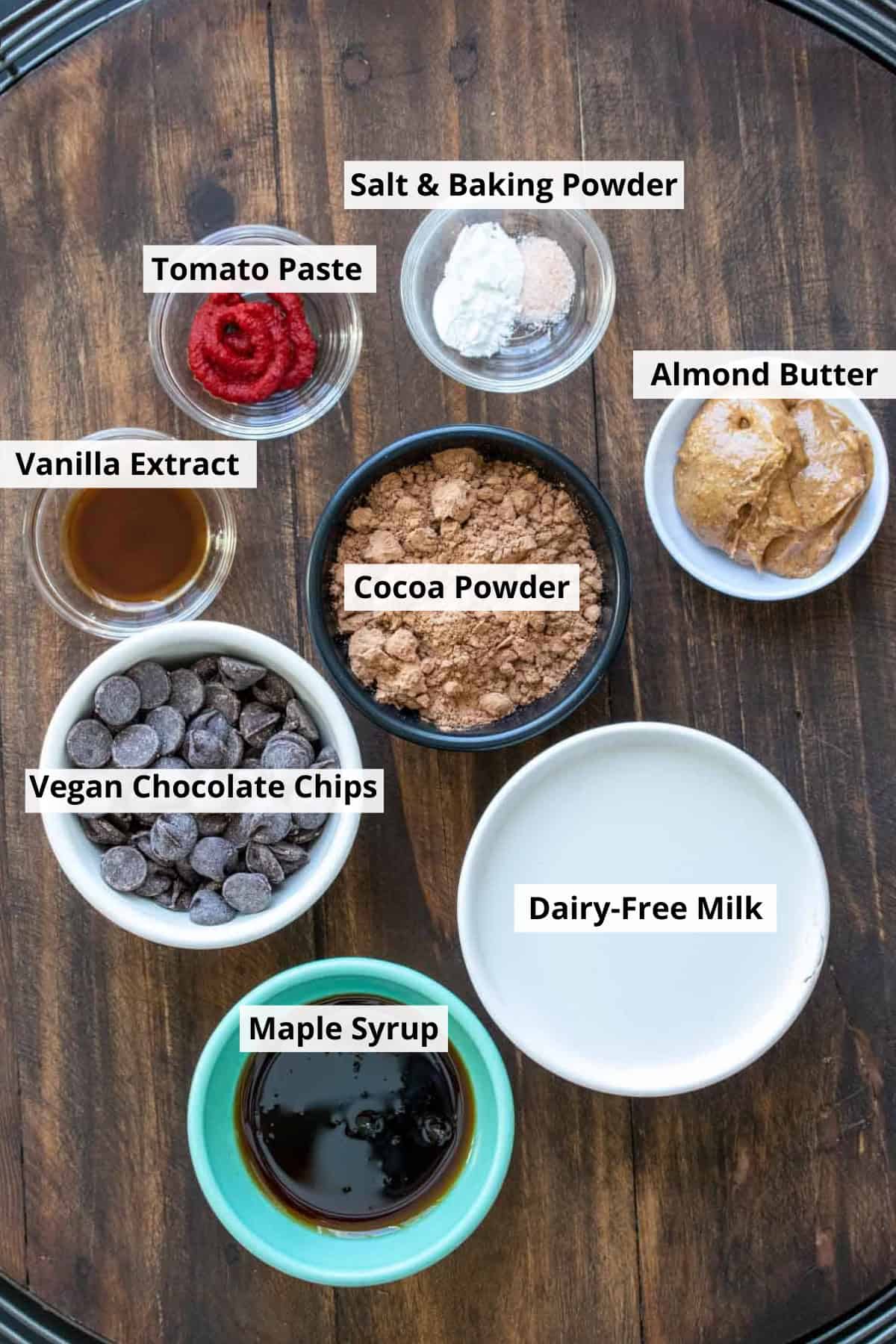 ingredients for chocolate lava cake displayed in separate bowls