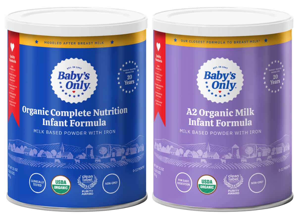 Cans of Baby's Only Infant Formula on a white background.