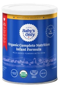 Can of Baby's Only A2 Organic Complete Nutrition Infant Formula on a white background.