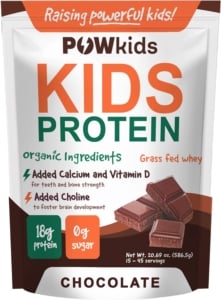 Bag of POW Kids protein powder on a white background.