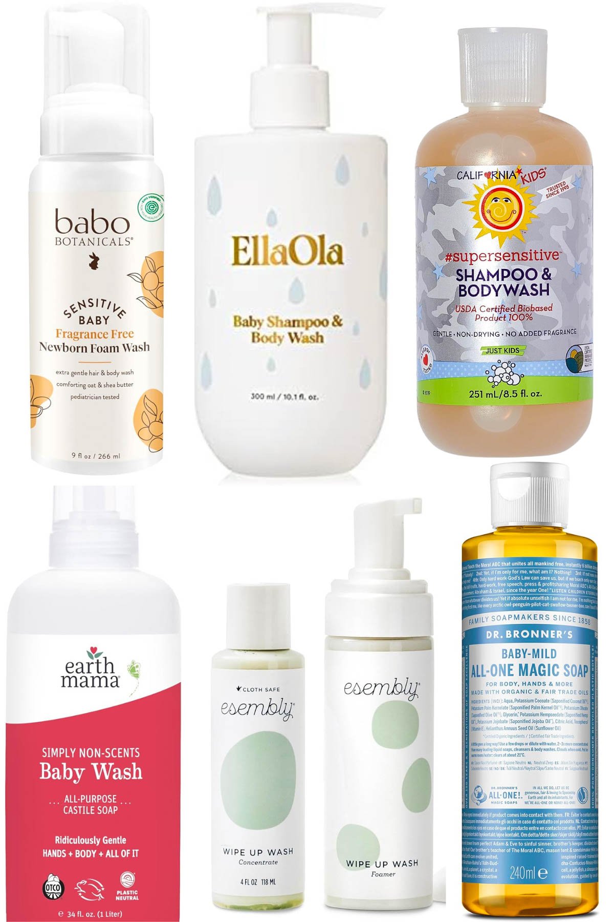 Collage of the best organic and non-toxic baby wash brands on a white background.
