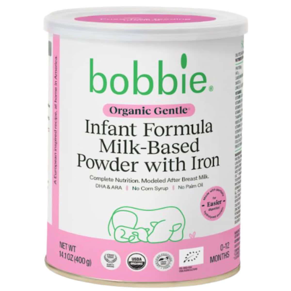Can of Bobbie Organic Gentle Infant Formula on a white background.