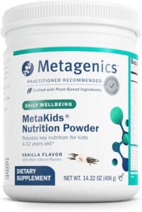Can of Metagenics MetaKids nutrition powder on a white background.
