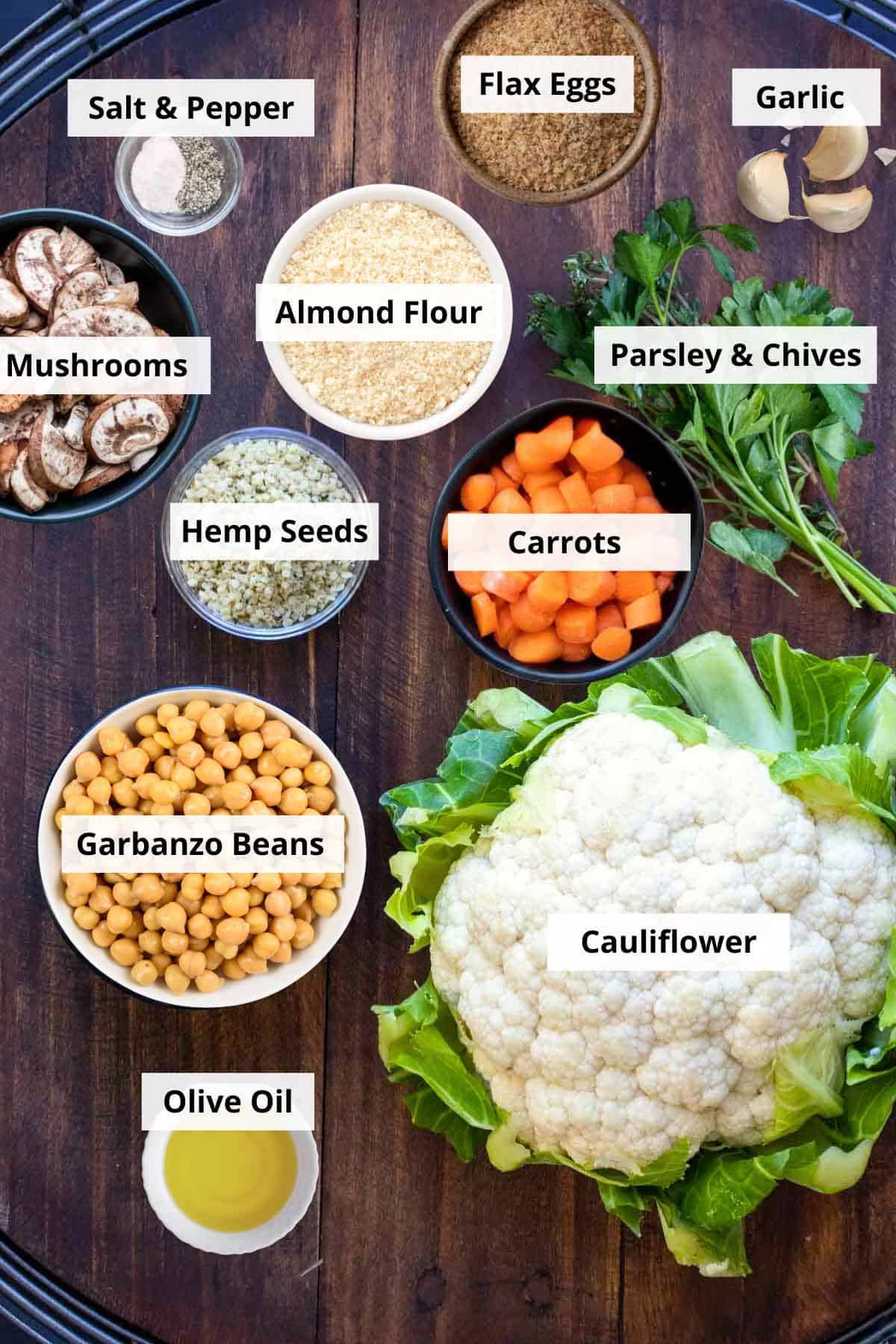 overhead shot of hemp burger ingredients in individual bowls