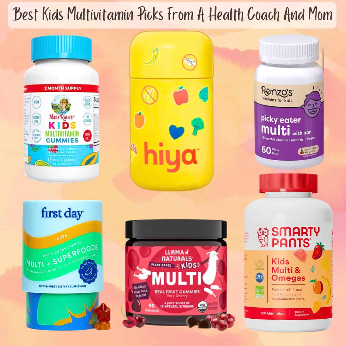 Graphic and collage of the best kids multivitamins, recommended by a health coach and mom.