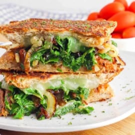 Veggie panini with kale and caramelized onion served on a white plate.