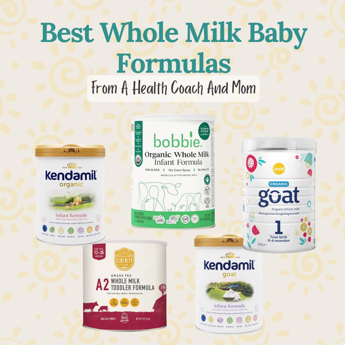 Collage of the best whole milk baby formulas on a grey background.