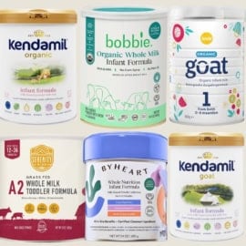 Collage of the best whole milk baby formulas on a grey background.