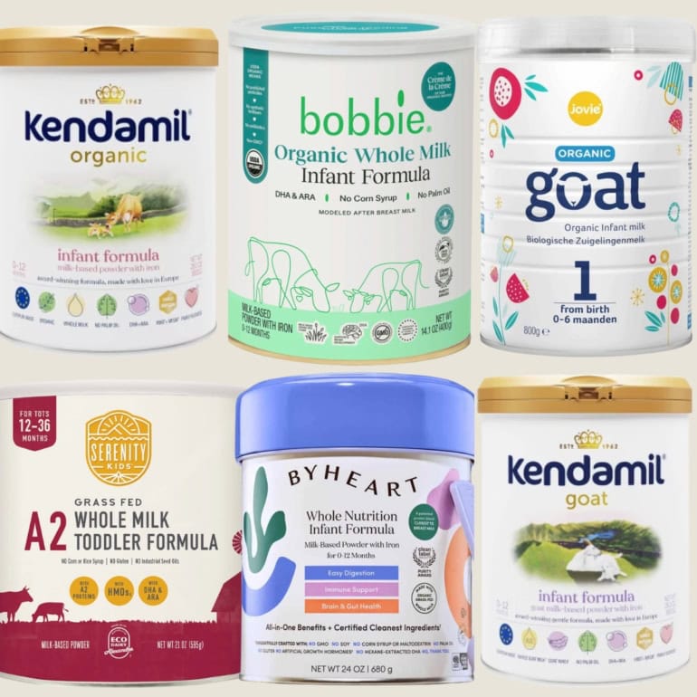 Collage of the best whole milk baby formulas on a grey background.