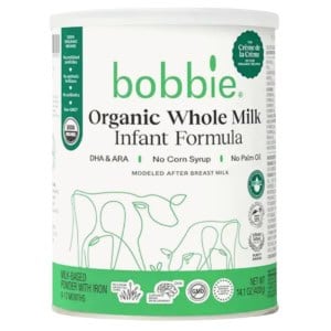 Can of Bobbie organic whole milk infant formula.
