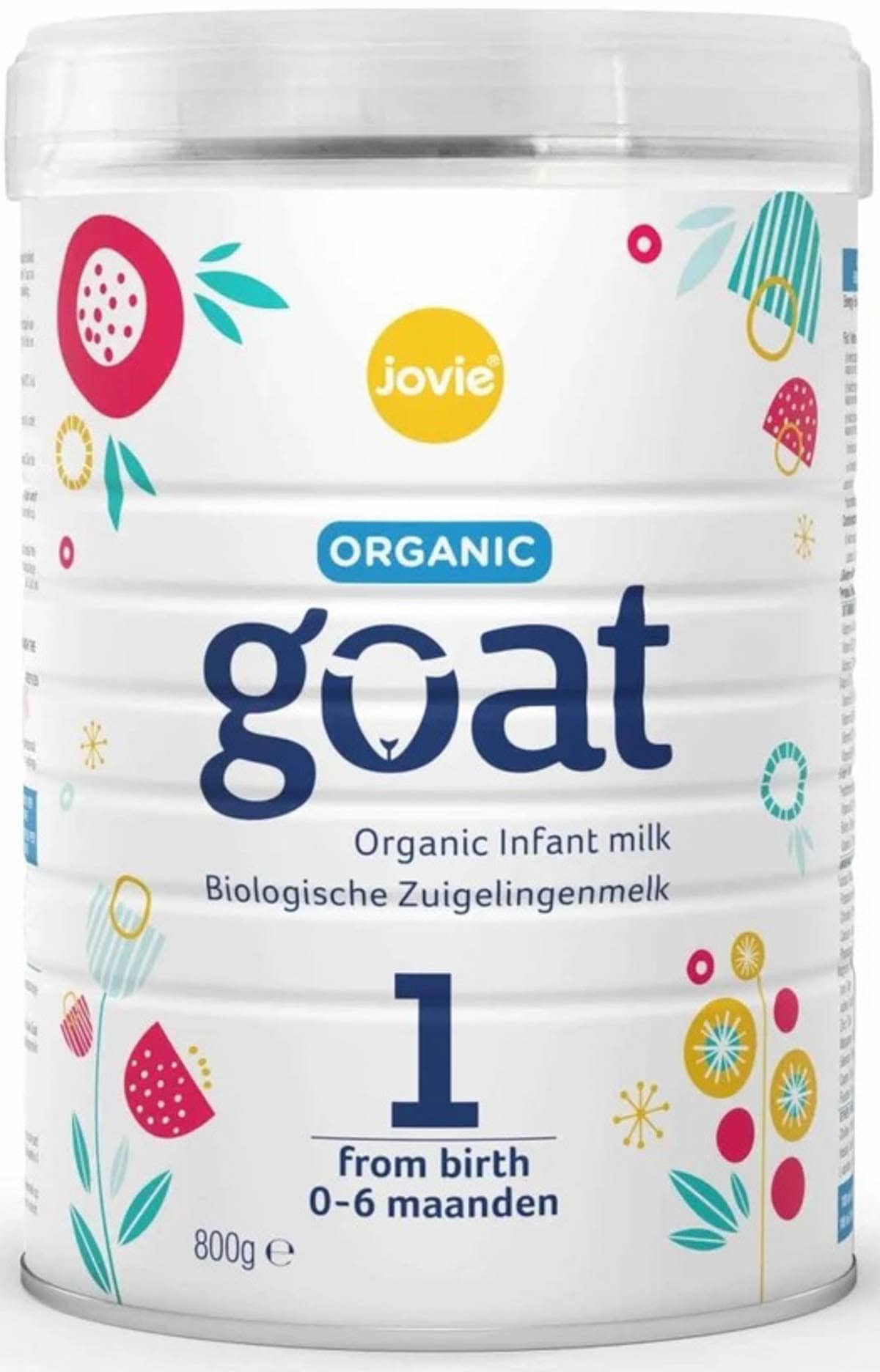 Can of Jovie Organic Goat Milk Baby Formula on a grey background.
