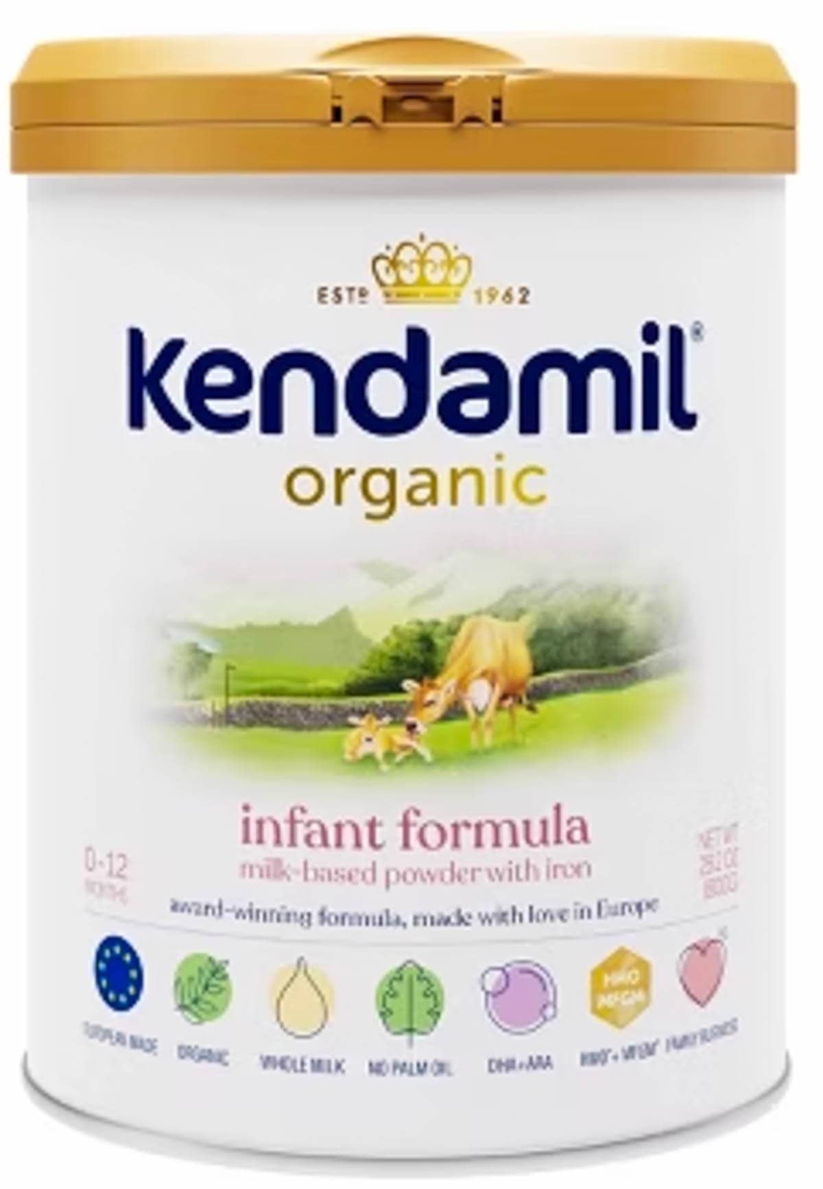 Kendamil organic cow's milk formula on a grey background.