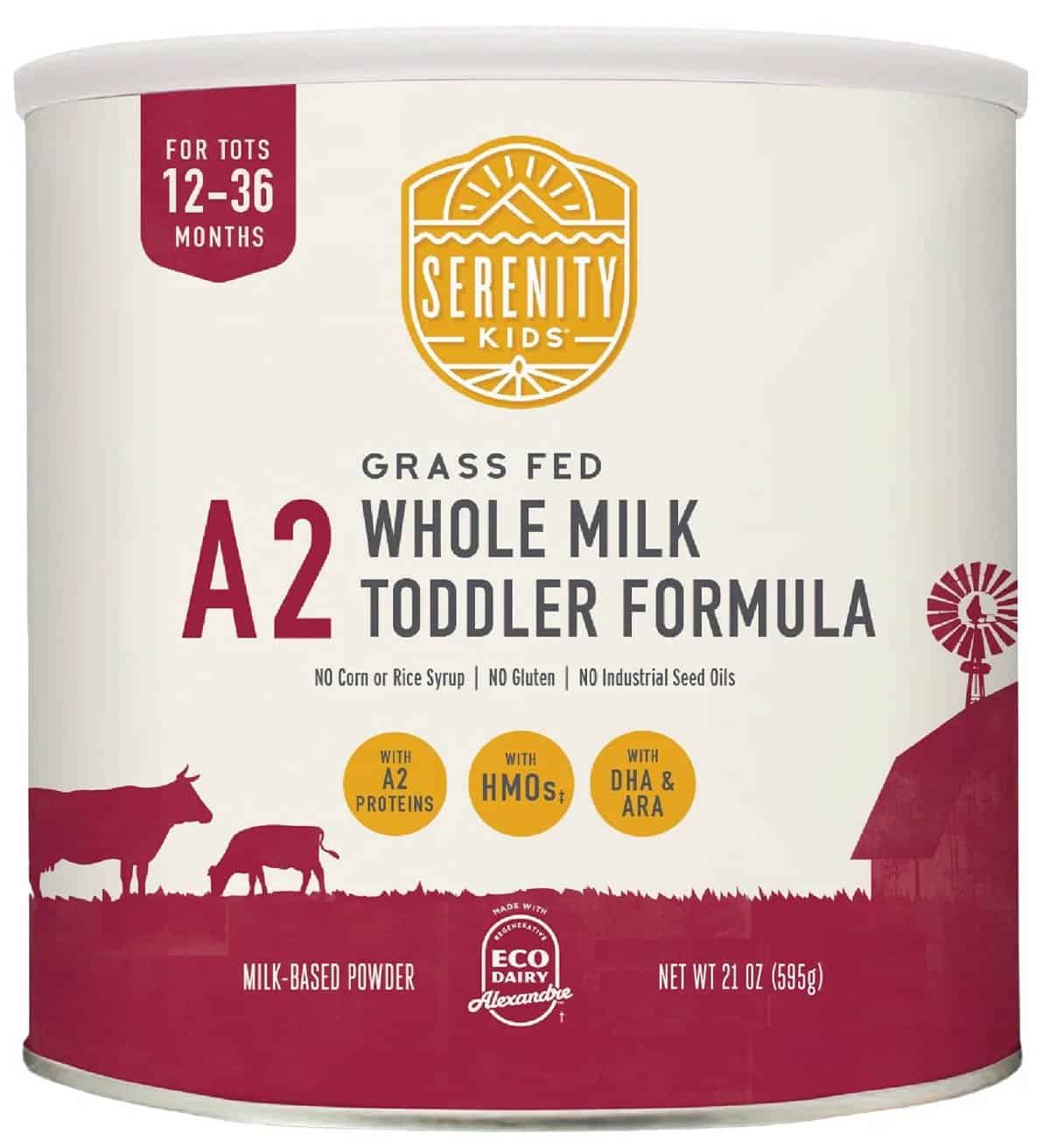 Can of Serenity Kids Whole Milk Toddler Formula on a grey background.