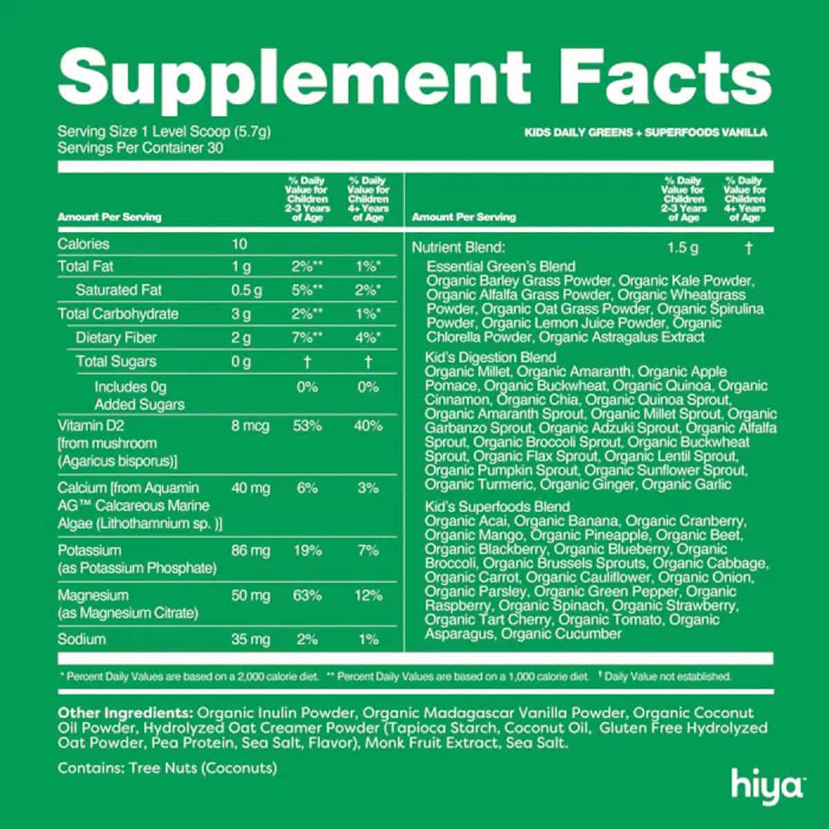 Hiya Vanilla Greens + Superfoods nutrition information and label.