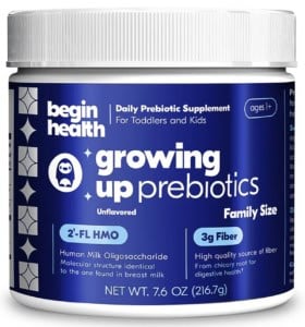 Container of Begin Health Growing Up Prebiotics on a white background.