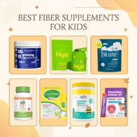 Collage of the best fiber supplements for kids on a neutral background.