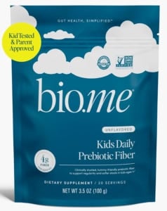 Package of bio.me Kids Fiber Supplement on a white background.